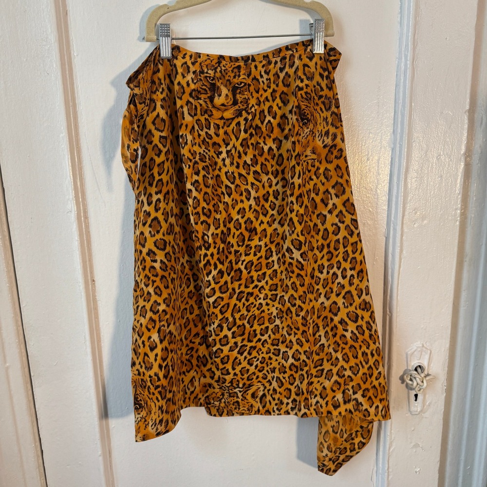 LindaAllard Ellen Tracy Silk Wrap Skirt Leopard Cheetah Print vtg 90s Face Cat S